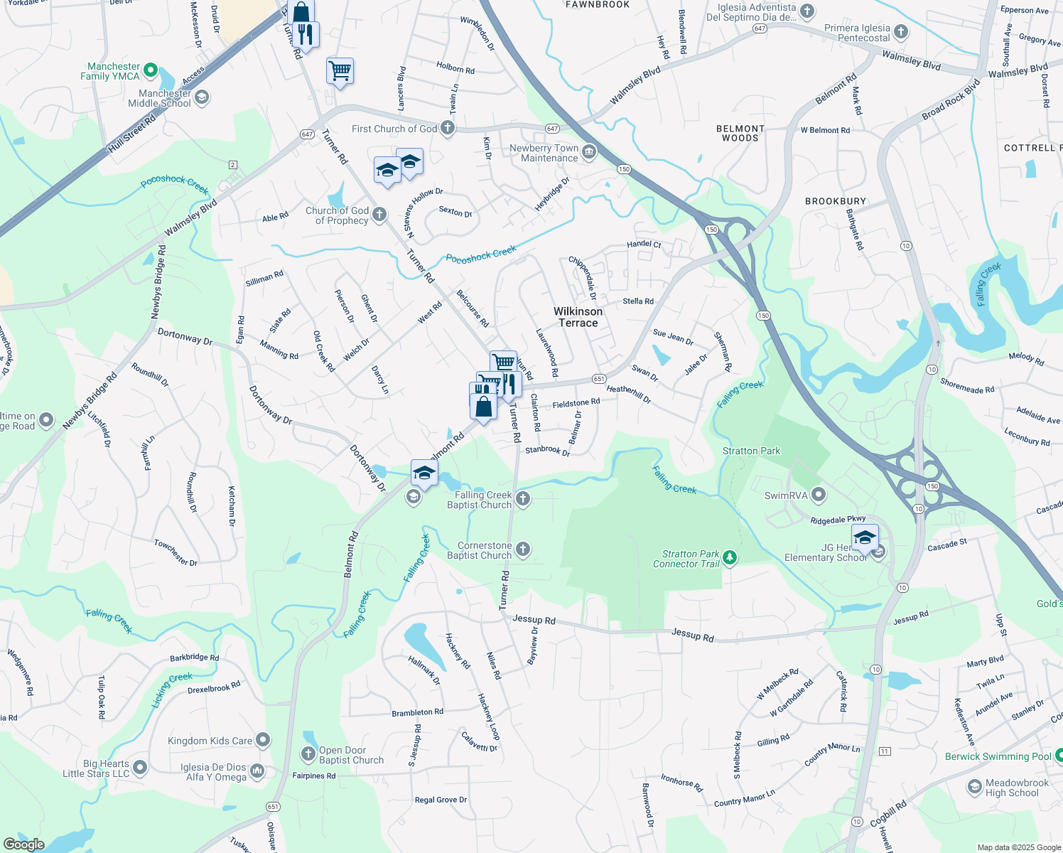 map of restaurants, bars, coffee shops, grocery stores, and more near 4426 Clairton Road in Richmond