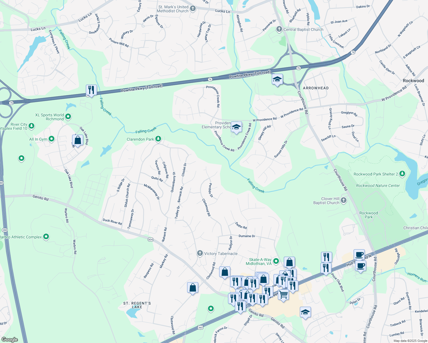 map of restaurants, bars, coffee shops, grocery stores, and more near 2610 Clintwood Rd in Midlothian