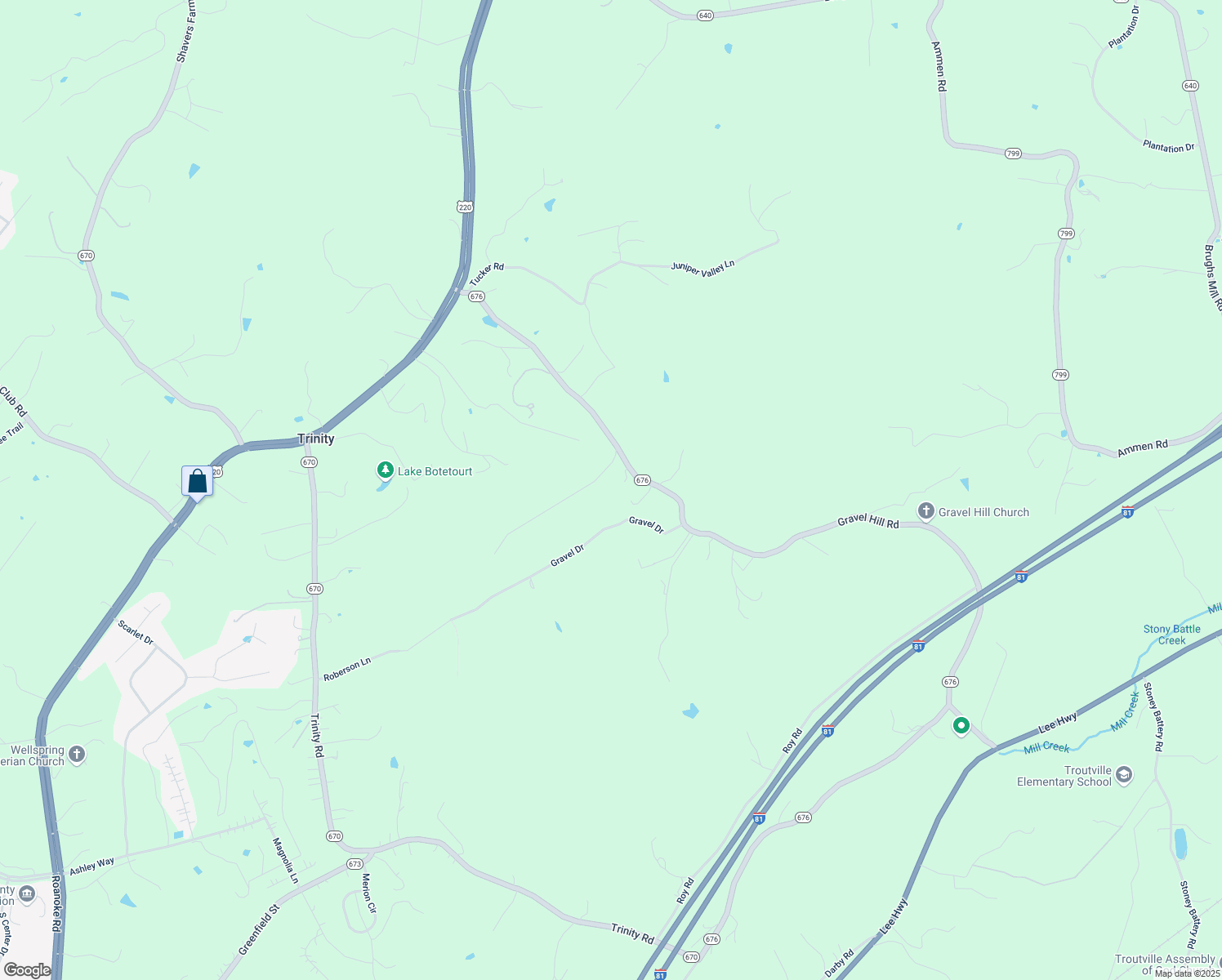 map of restaurants, bars, coffee shops, grocery stores, and more near 1789 Gravel Hill Road in Troutville