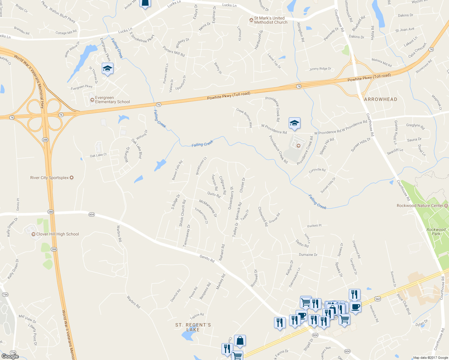 map of restaurants, bars, coffee shops, grocery stores, and more near 2625 Colgrave Road in Midlothian