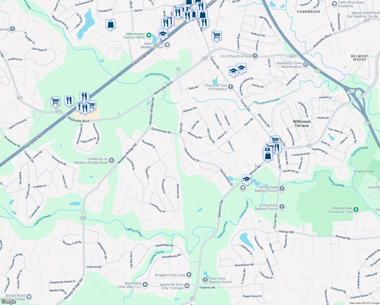 map of restaurants, bars, coffee shops, grocery stores, and more near 7113 Dortonway Place in Chesterfield