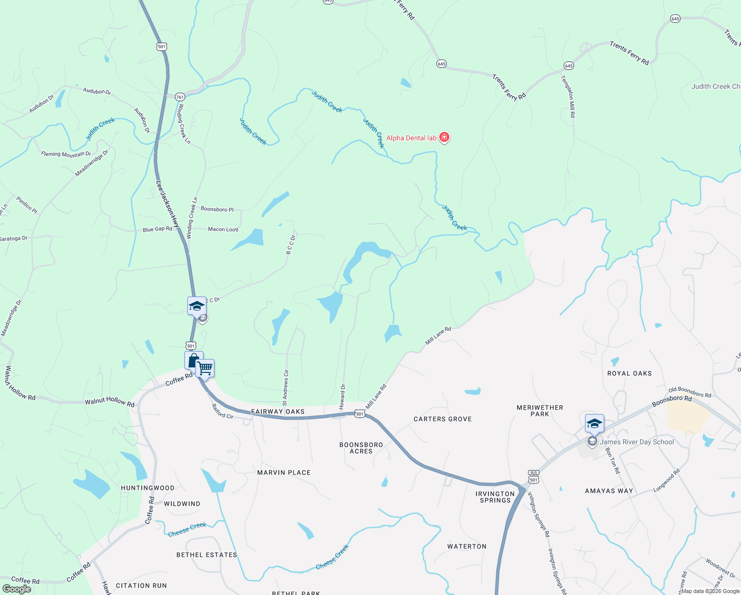 map of restaurants, bars, coffee shops, grocery stores, and more near 201 Howard Drive in Lynchburg