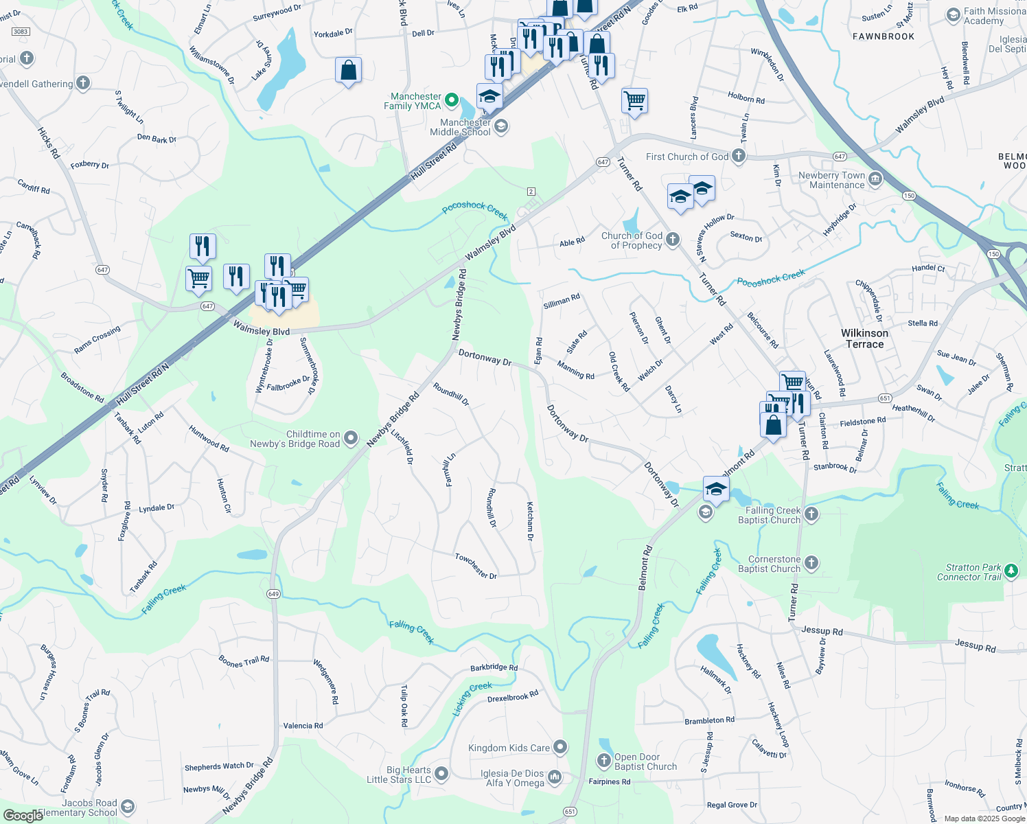 map of restaurants, bars, coffee shops, grocery stores, and more near 3911 Round Hill Ct in Chesterfield