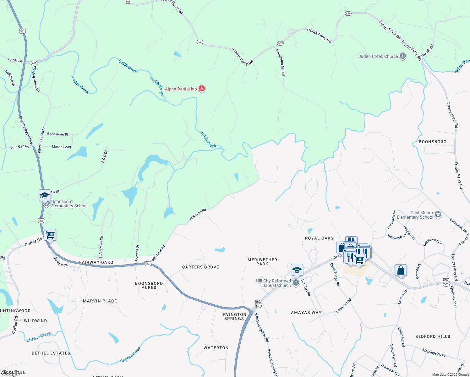 map of restaurants, bars, coffee shops, grocery stores, and more near 101 Oakmont Court in Lynchburg