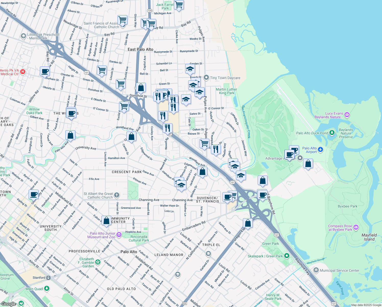 map of restaurants, bars, coffee shops, grocery stores, and more near 1842 West Bayshore Road in East Palo Alto