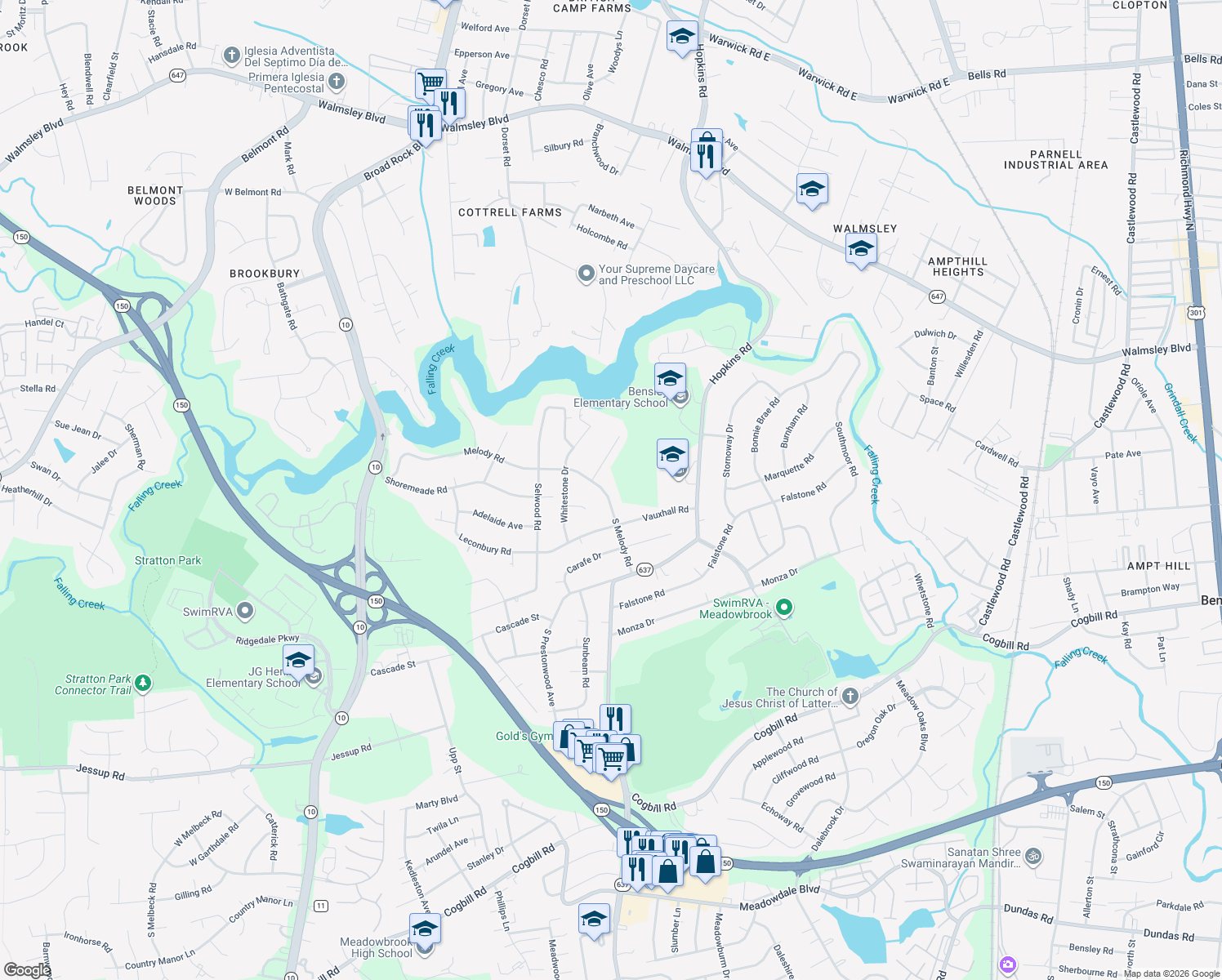 map of restaurants, bars, coffee shops, grocery stores, and more near 4814 South Melody Road in Richmond