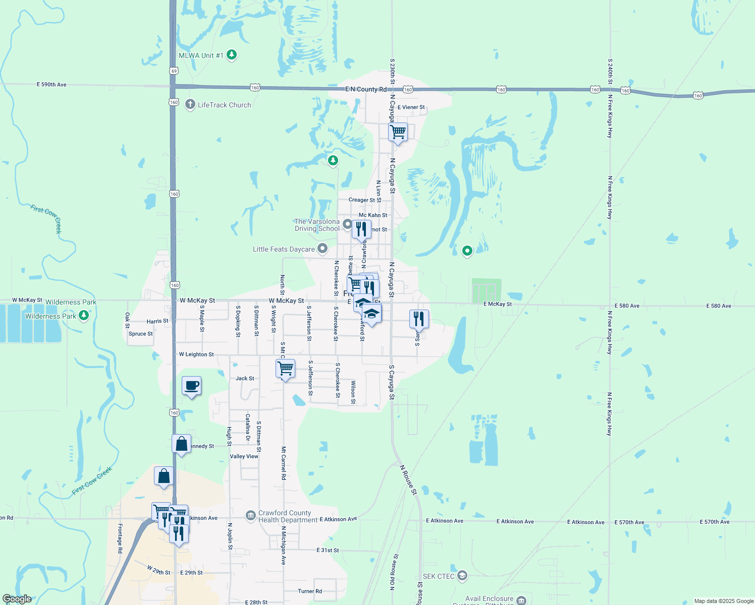 map of restaurants, bars, coffee shops, grocery stores, and more near 401 East McKay Street in Frontenac