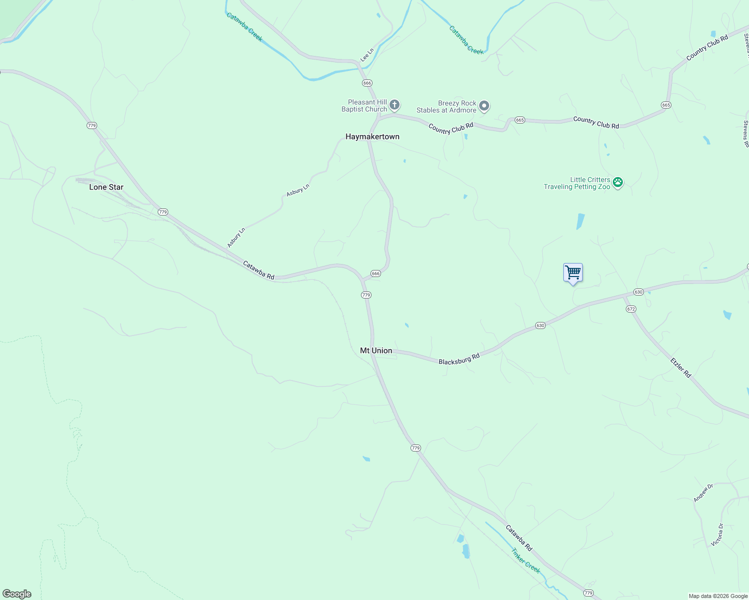 map of restaurants, bars, coffee shops, grocery stores, and more near 4868 Catawba Rd in Troutville