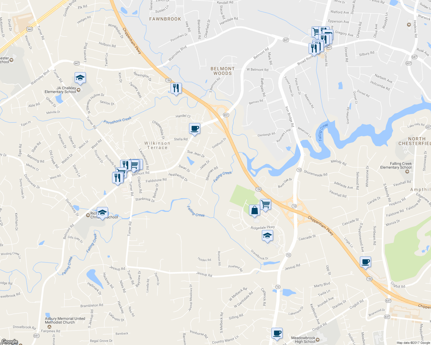 map of restaurants, bars, coffee shops, grocery stores, and more near 4415 Sherman Road in Richmond