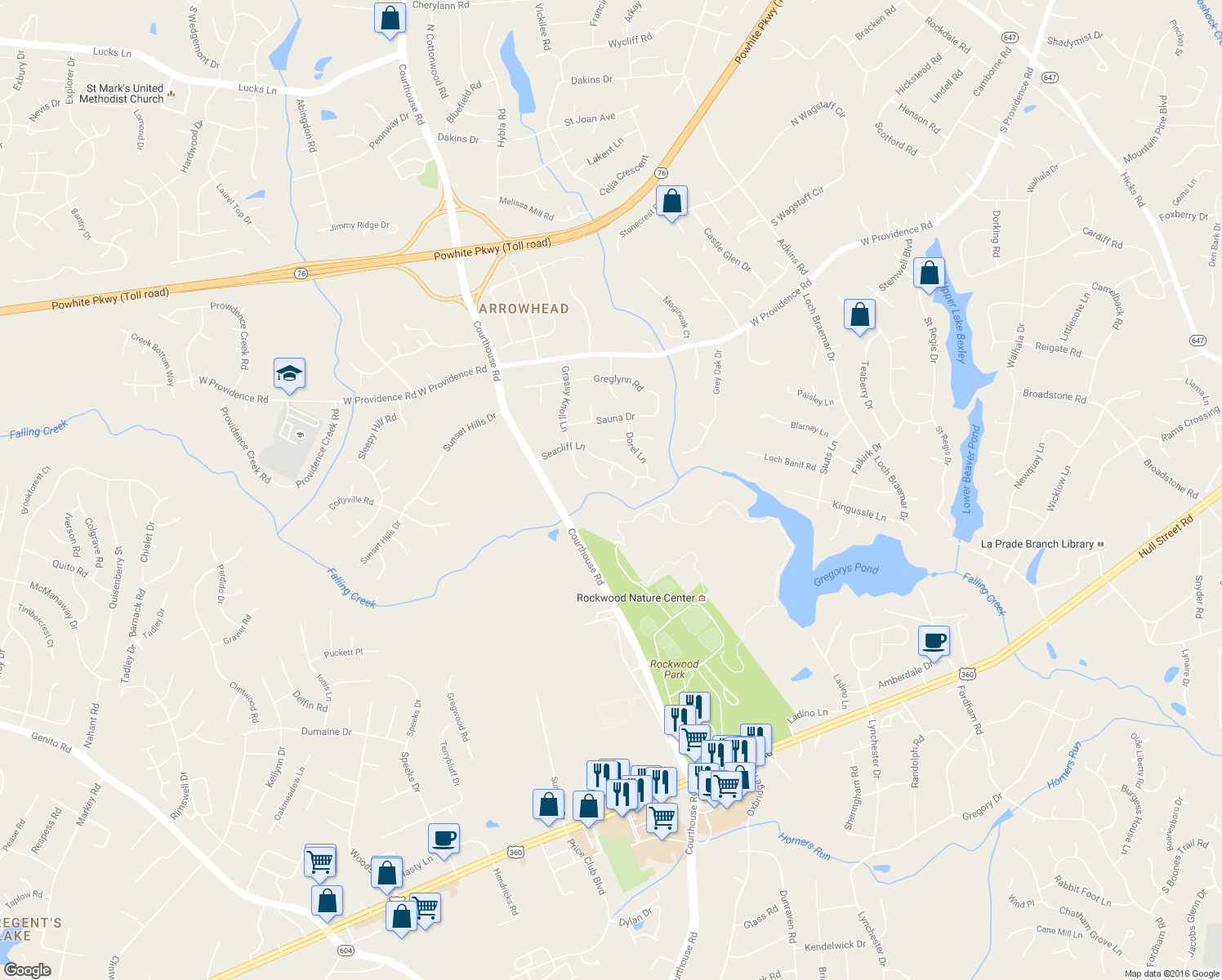 map of restaurants, bars, coffee shops, grocery stores, and more near 2607 Seacliff Court in Richmond