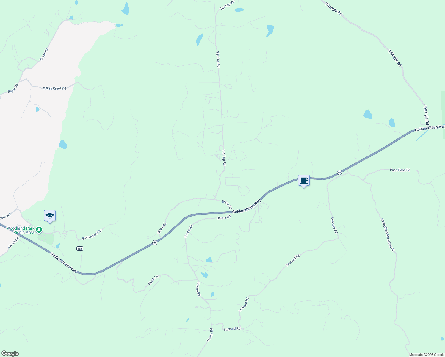 map of restaurants, bars, coffee shops, grocery stores, and more near 5232-5262 Tip Top Road in Mariposa