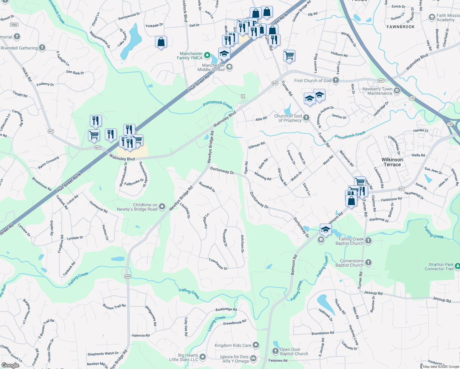 map of restaurants, bars, coffee shops, grocery stores, and more near 3711 Heartside Place in Chesterfield