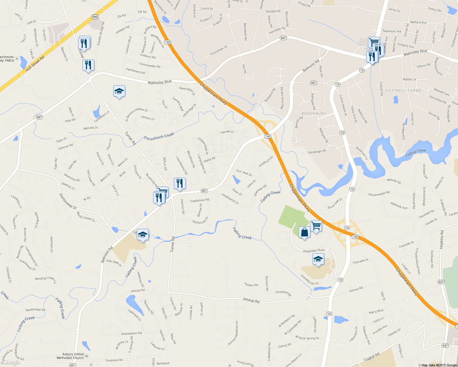 map of restaurants, bars, coffee shops, grocery stores, and more near 5638 Swan Court in Richmond