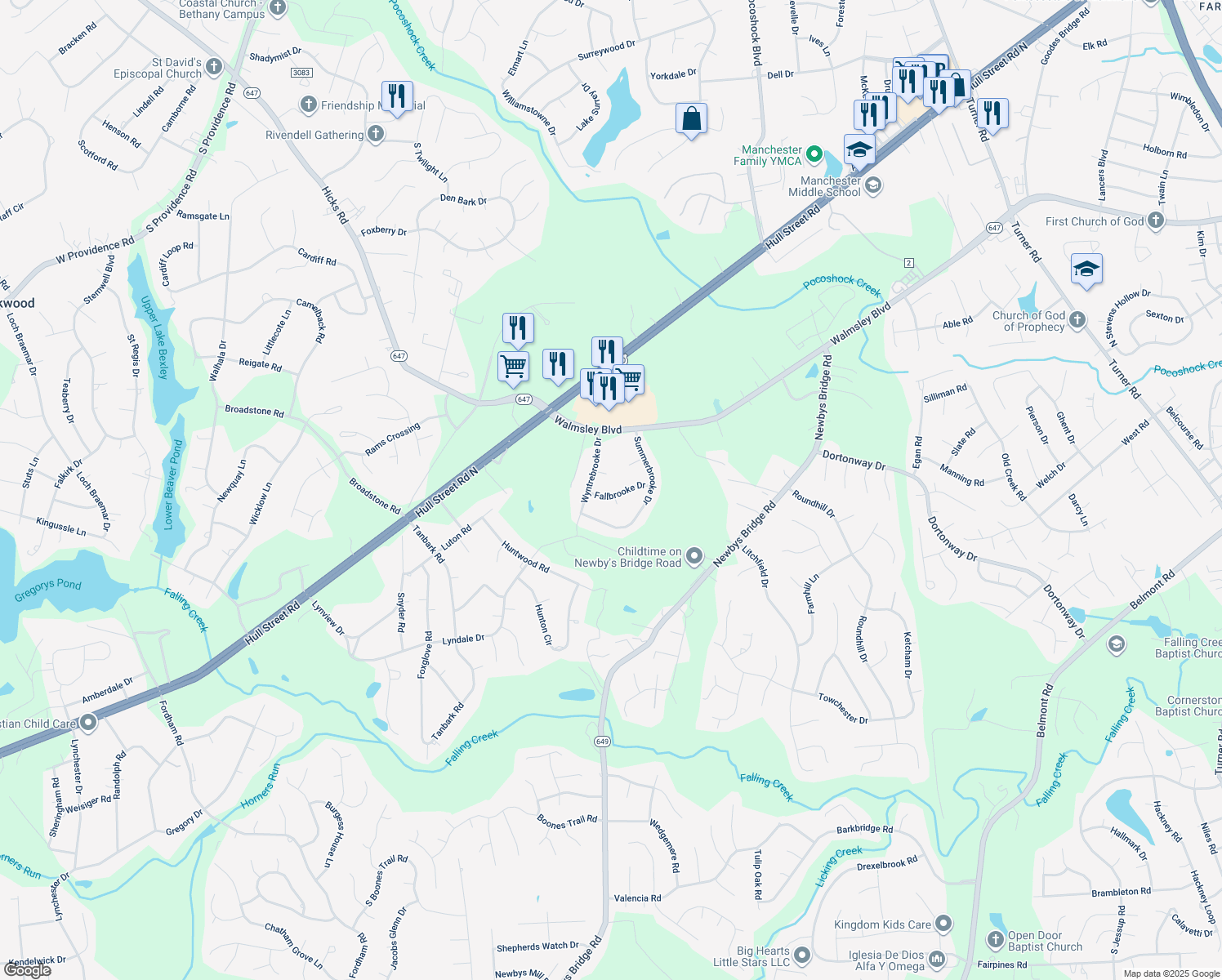map of restaurants, bars, coffee shops, grocery stores, and more near 8100 Fallbrooke Drive in Richmond