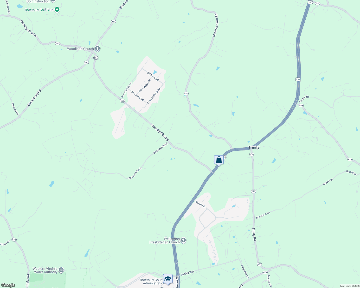 map of restaurants, bars, coffee shops, grocery stores, and more near 452 Country Club Road in Troutville