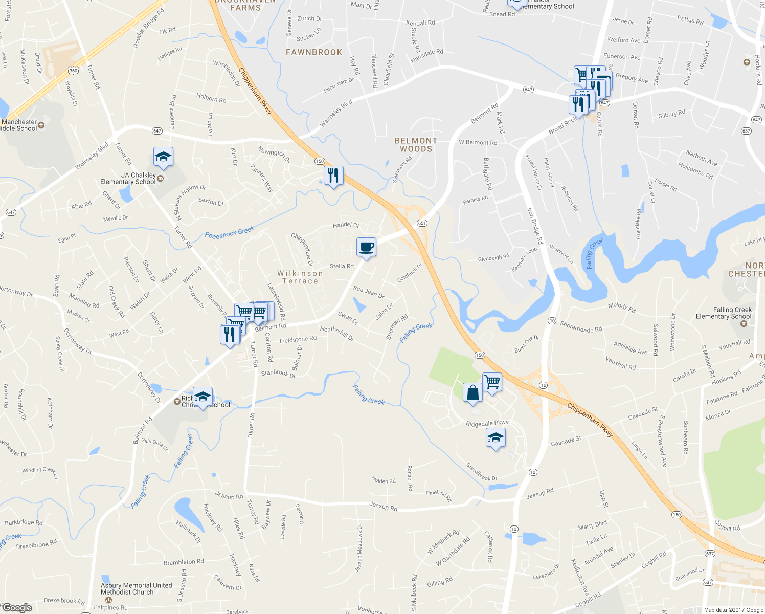 map of restaurants, bars, coffee shops, grocery stores, and more near 4340 Jalee Drive in Richmond