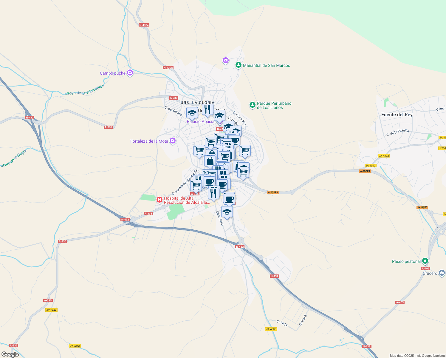 map of restaurants, bars, coffee shops, grocery stores, and more near 2A Avenida Iberoamérica in Alcalá la Real