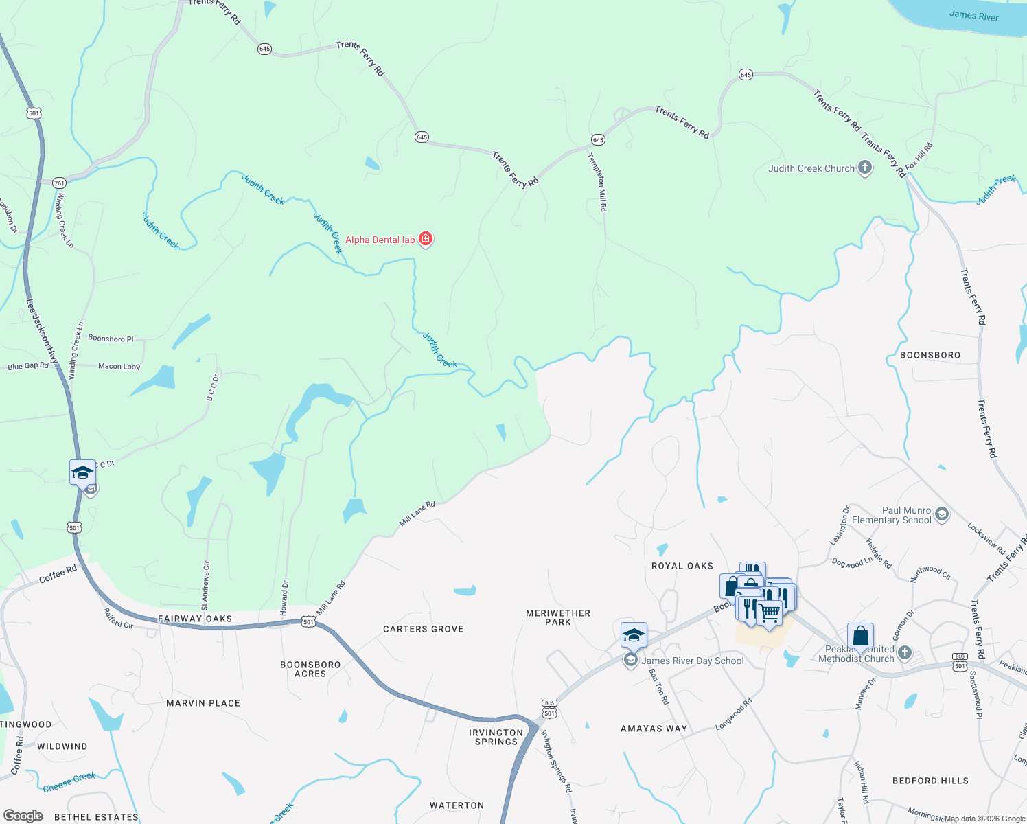 map of restaurants, bars, coffee shops, grocery stores, and more near 112 Rustic Court in Lynchburg