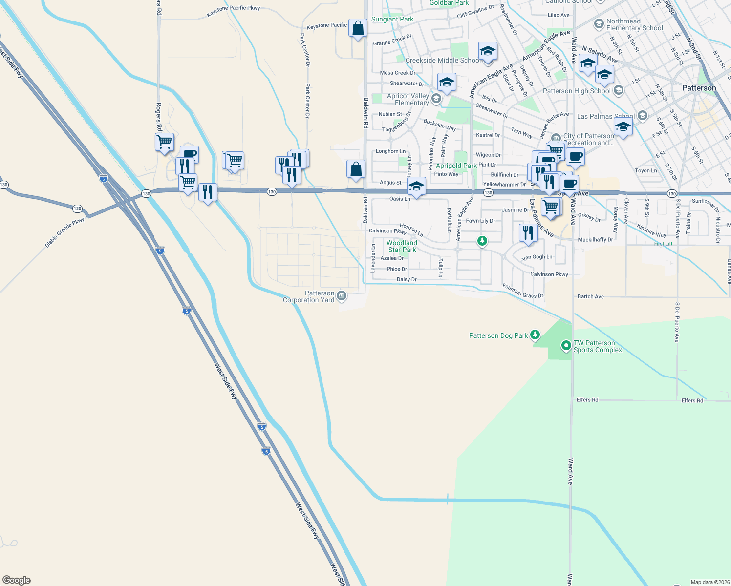 map of restaurants, bars, coffee shops, grocery stores, and more near 16199 Baldwin Road in Patterson