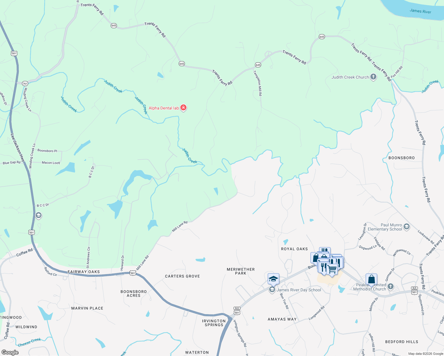 map of restaurants, bars, coffee shops, grocery stores, and more near 112 Rustic Court in Lynchburg