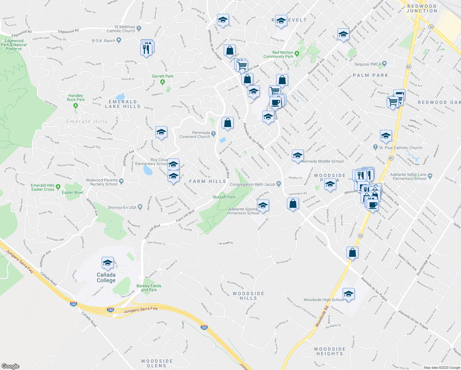 map of restaurants, bars, coffee shops, grocery stores, and more near 3708 Brandy Rock Way in Redwood City