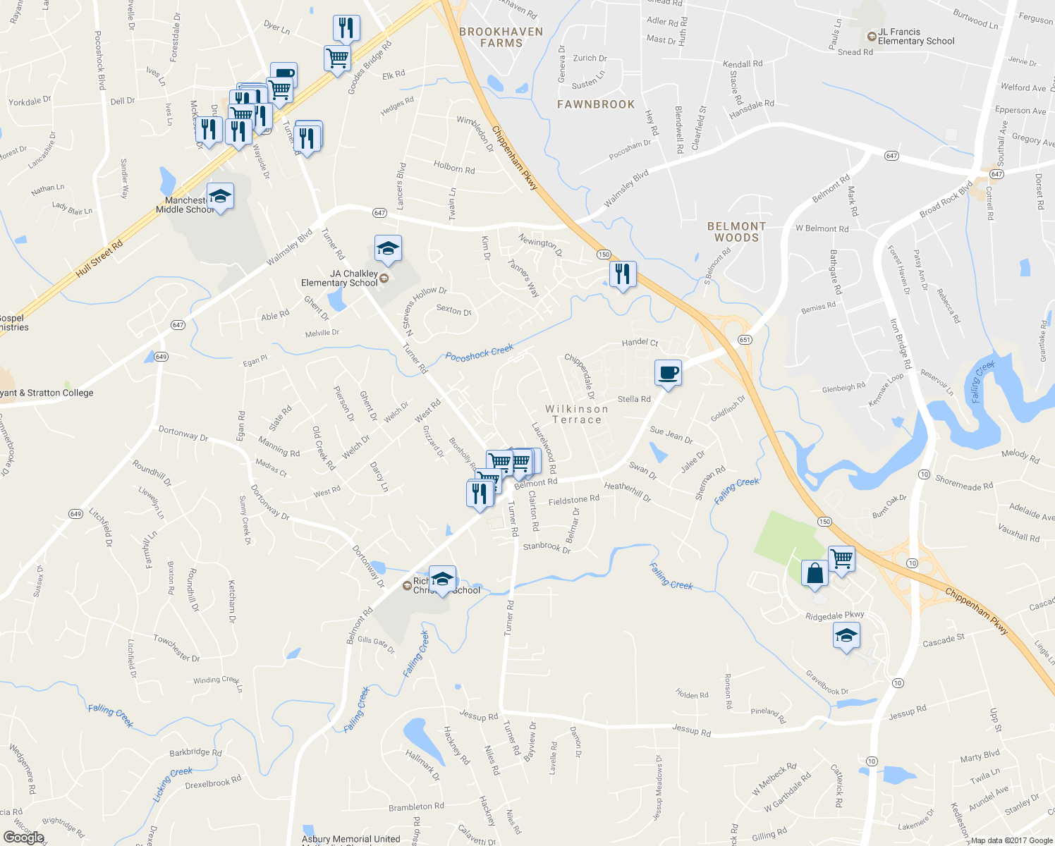 map of restaurants, bars, coffee shops, grocery stores, and more near 4038 Laurelwood Road in Richmond