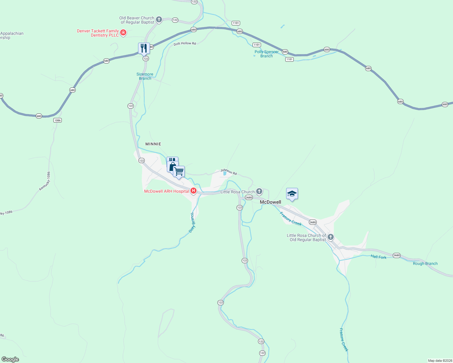 map of restaurants, bars, coffee shops, grocery stores, and more near Simpson Branch Road in McDowell