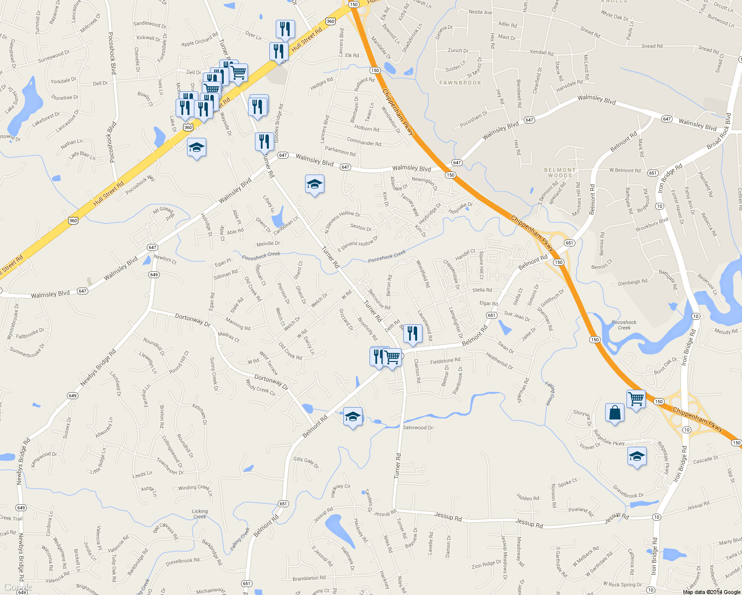 map of restaurants, bars, coffee shops, grocery stores, and more near 3834 Beechtree Court in Richmond