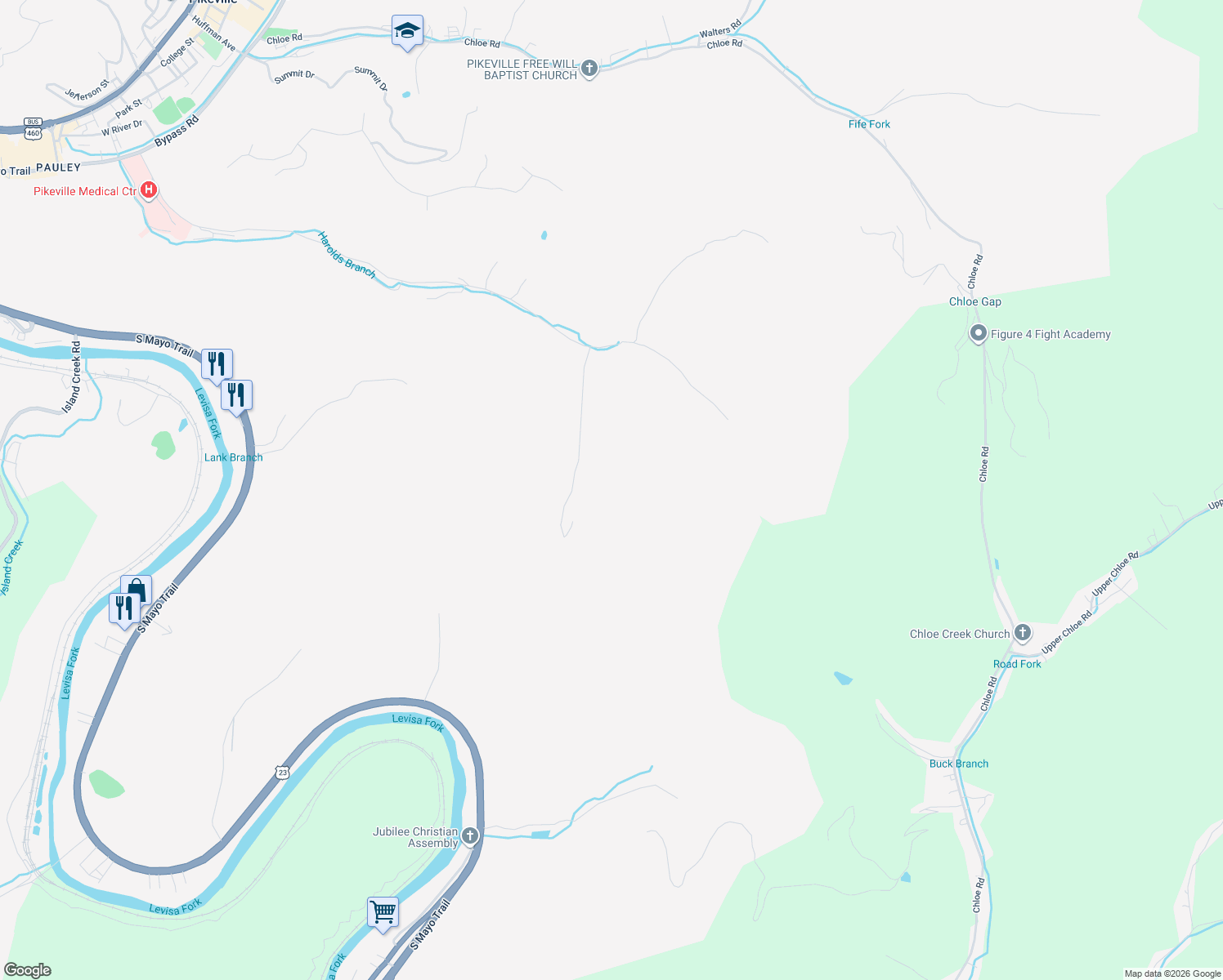 map of restaurants, bars, coffee shops, grocery stores, and more near 226 North Johnson Bottom in Pikeville