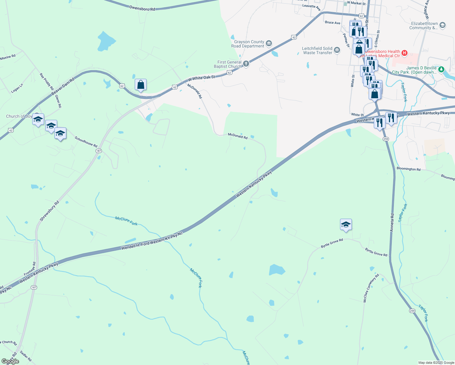 map of restaurants, bars, coffee shops, grocery stores, and more near in Leitchfield