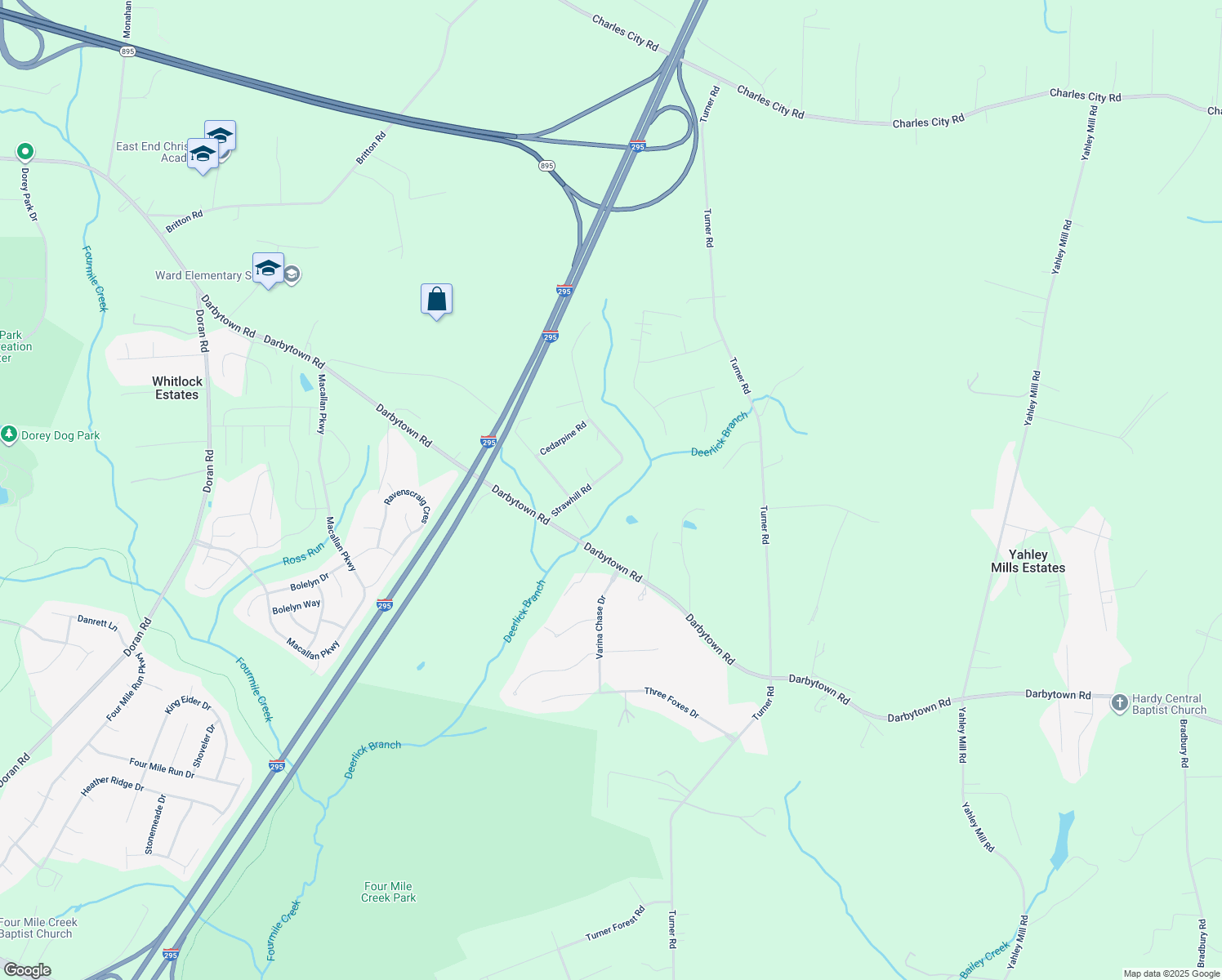map of restaurants, bars, coffee shops, grocery stores, and more near 3831 Strawhill Road in Richmond