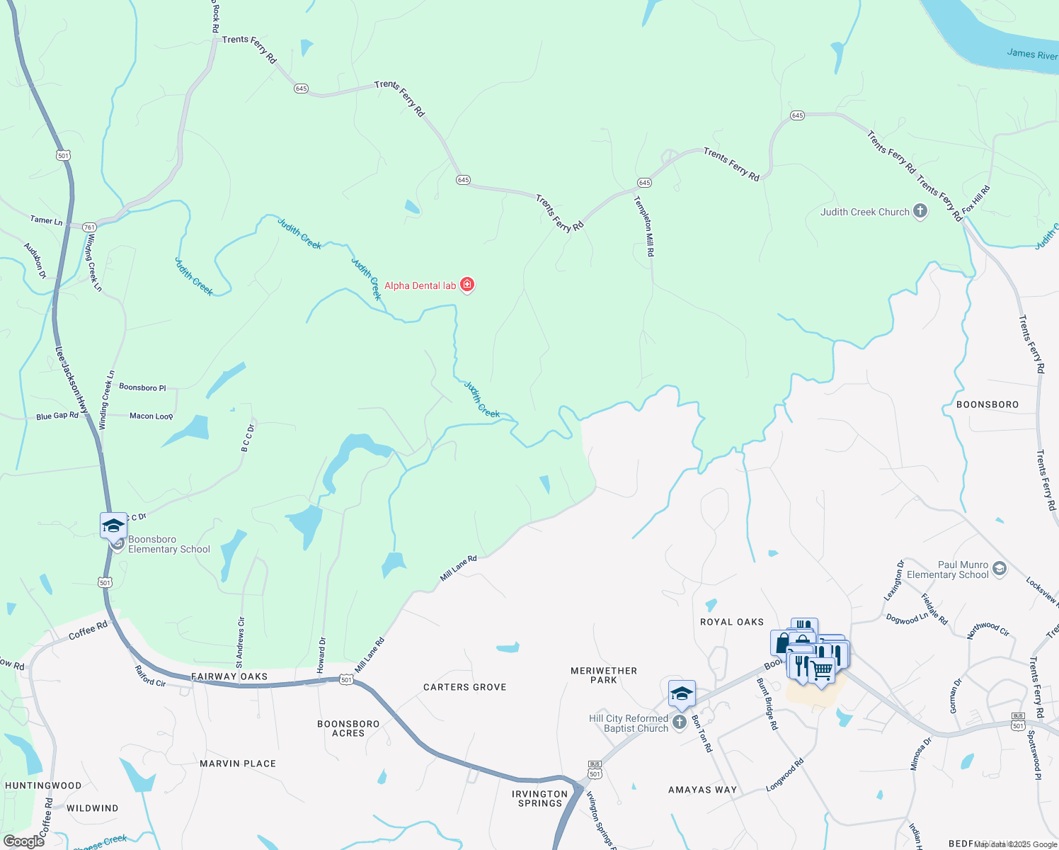 map of restaurants, bars, coffee shops, grocery stores, and more near 1487 Jennings Drive in Lynchburg