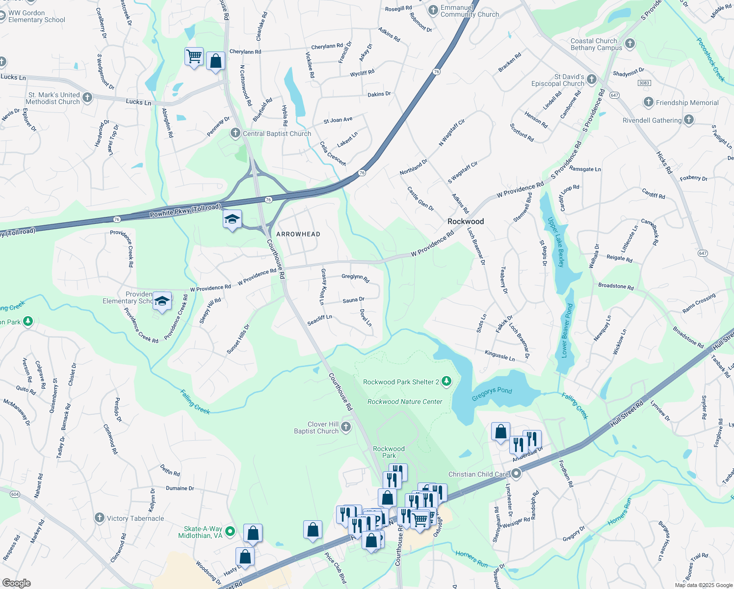 map of restaurants, bars, coffee shops, grocery stores, and more near 10222 Sauna Drive in Richmond