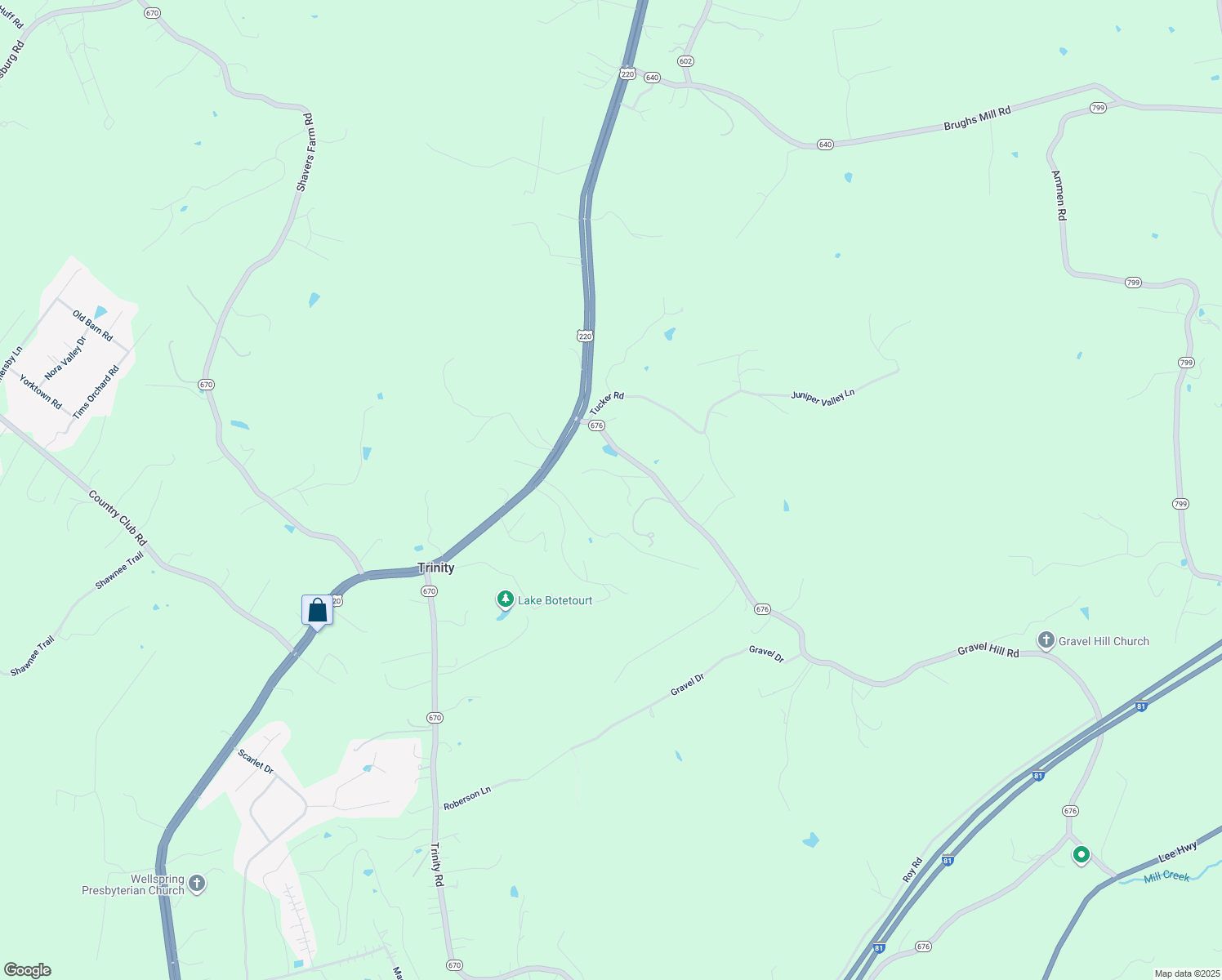 map of restaurants, bars, coffee shops, grocery stores, and more near 2233 Gravel Hill Road in Troutville