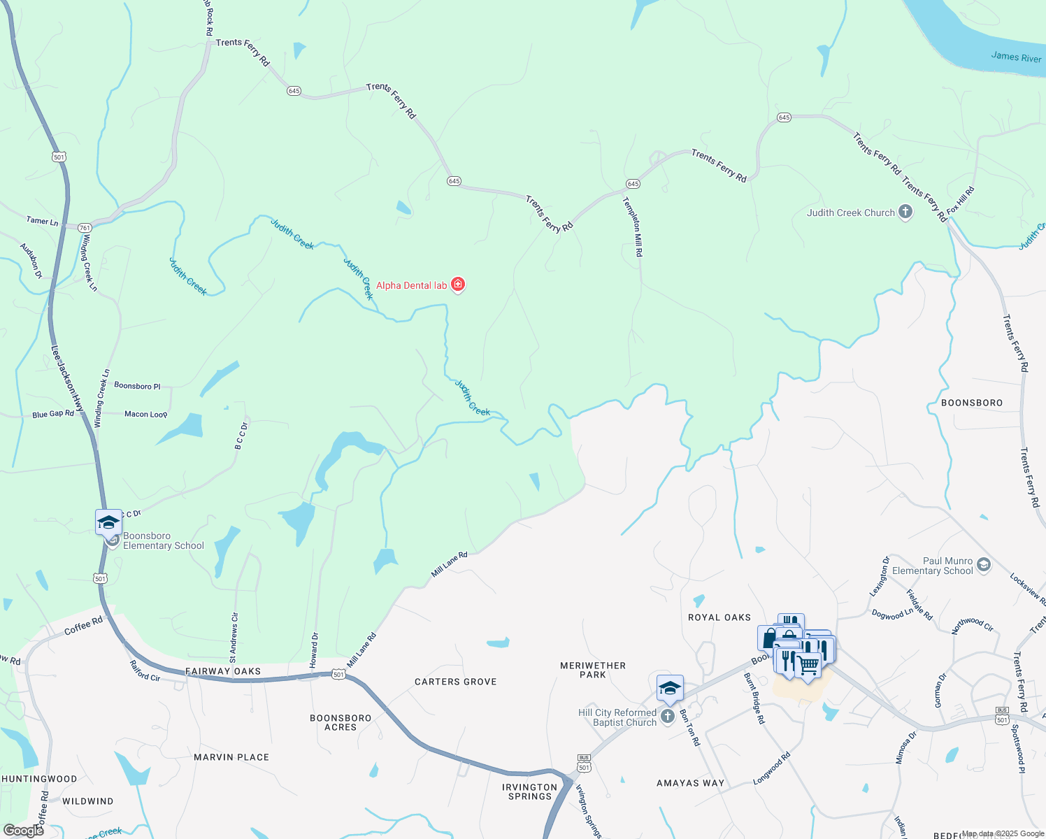 map of restaurants, bars, coffee shops, grocery stores, and more near 1487 Jennings Drive in Lynchburg