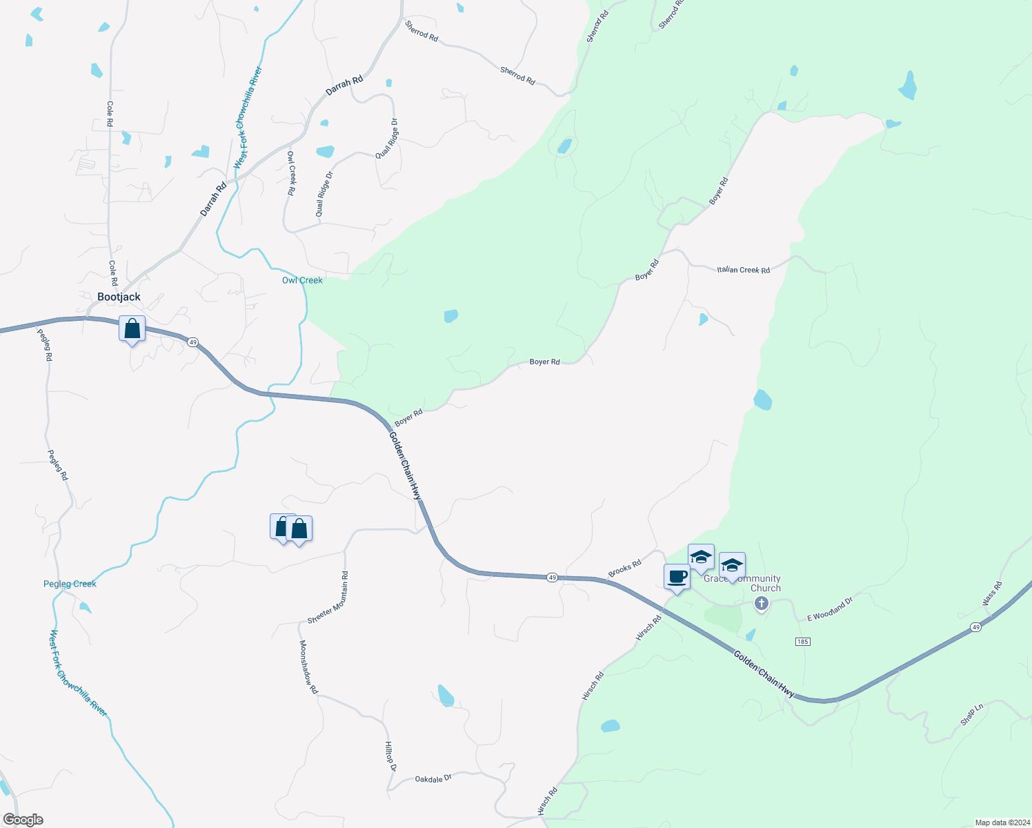 map of restaurants, bars, coffee shops, grocery stores, and more near Boyer Road in Mariposa County