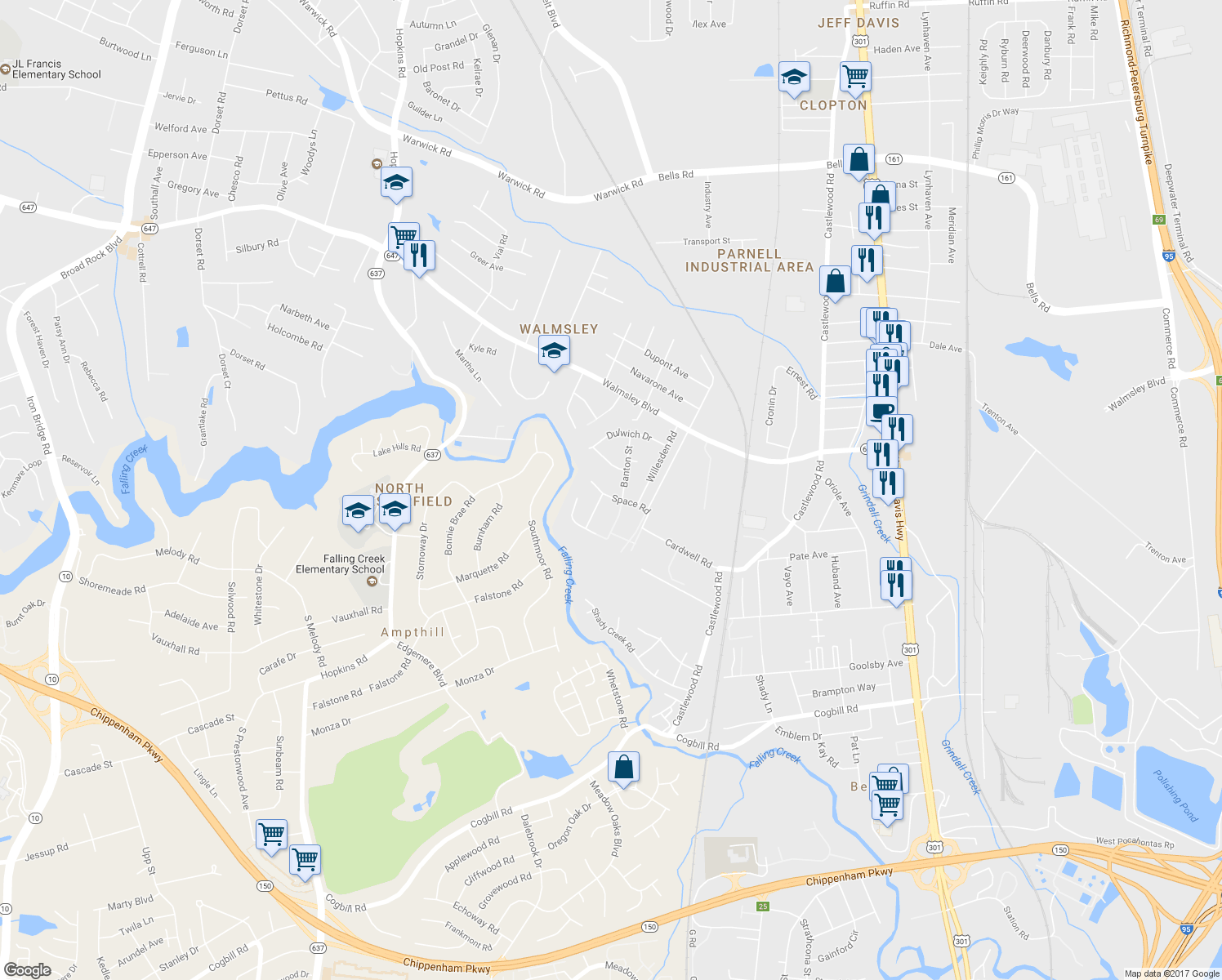 map of restaurants, bars, coffee shops, grocery stores, and more near 3010 Space Road in Richmond