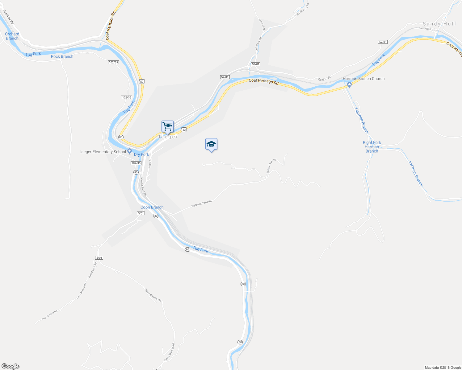 map of restaurants, bars, coffee shops, grocery stores, and more near Railroad Yard Road in Iaeger