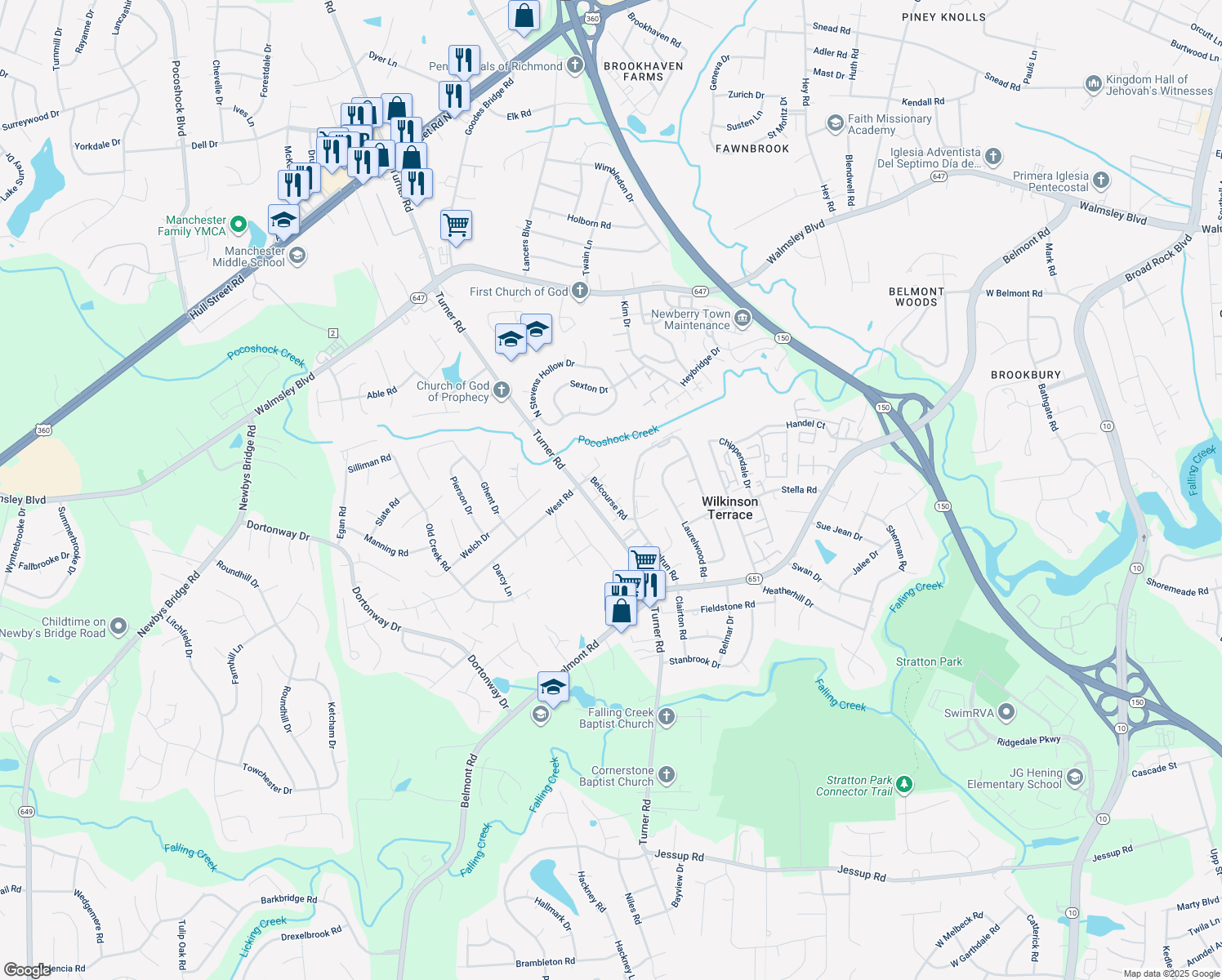 map of restaurants, bars, coffee shops, grocery stores, and more near 3837 Belker Court in Richmond