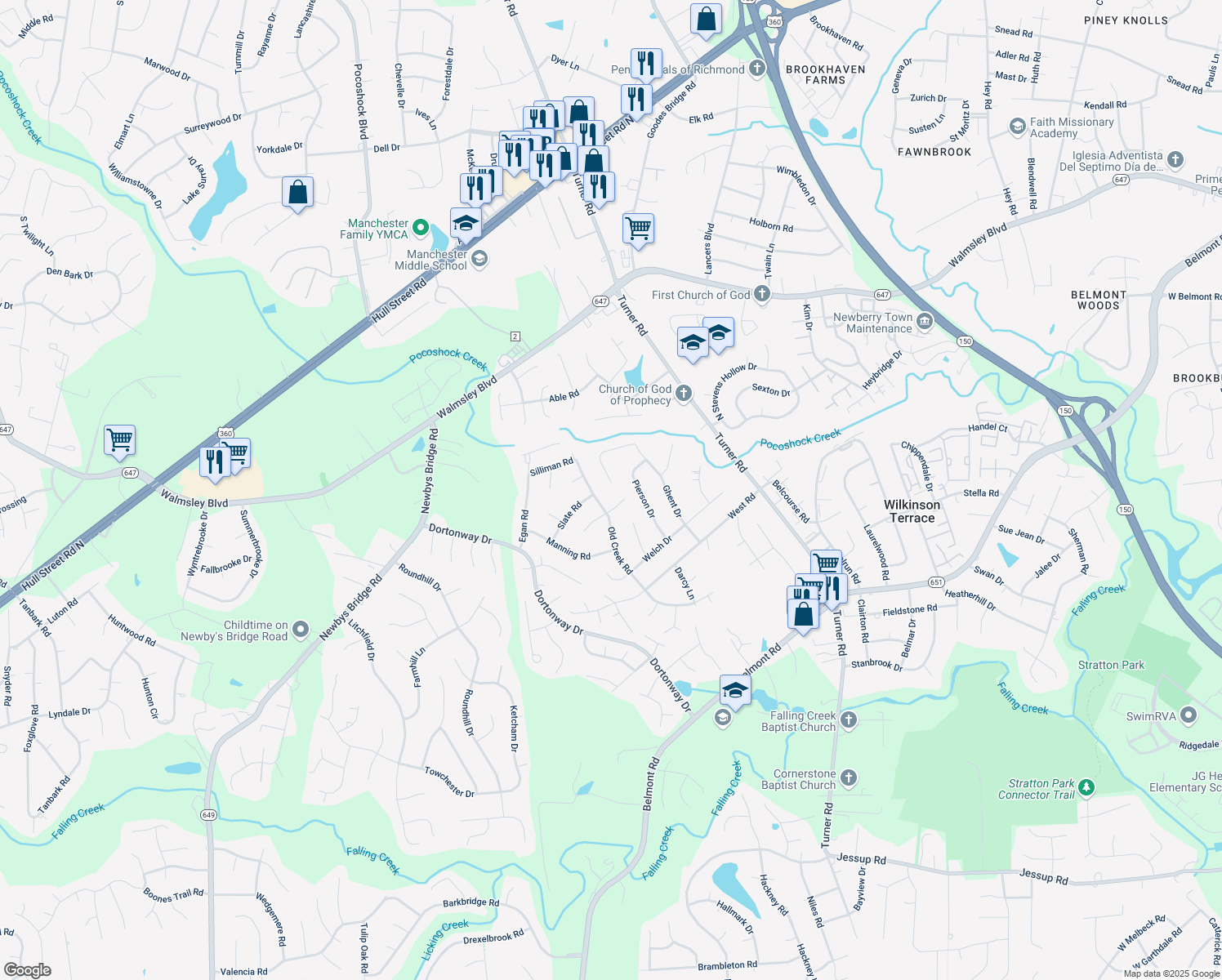 map of restaurants, bars, coffee shops, grocery stores, and more near 3412 Silliman Court in Chesterfield