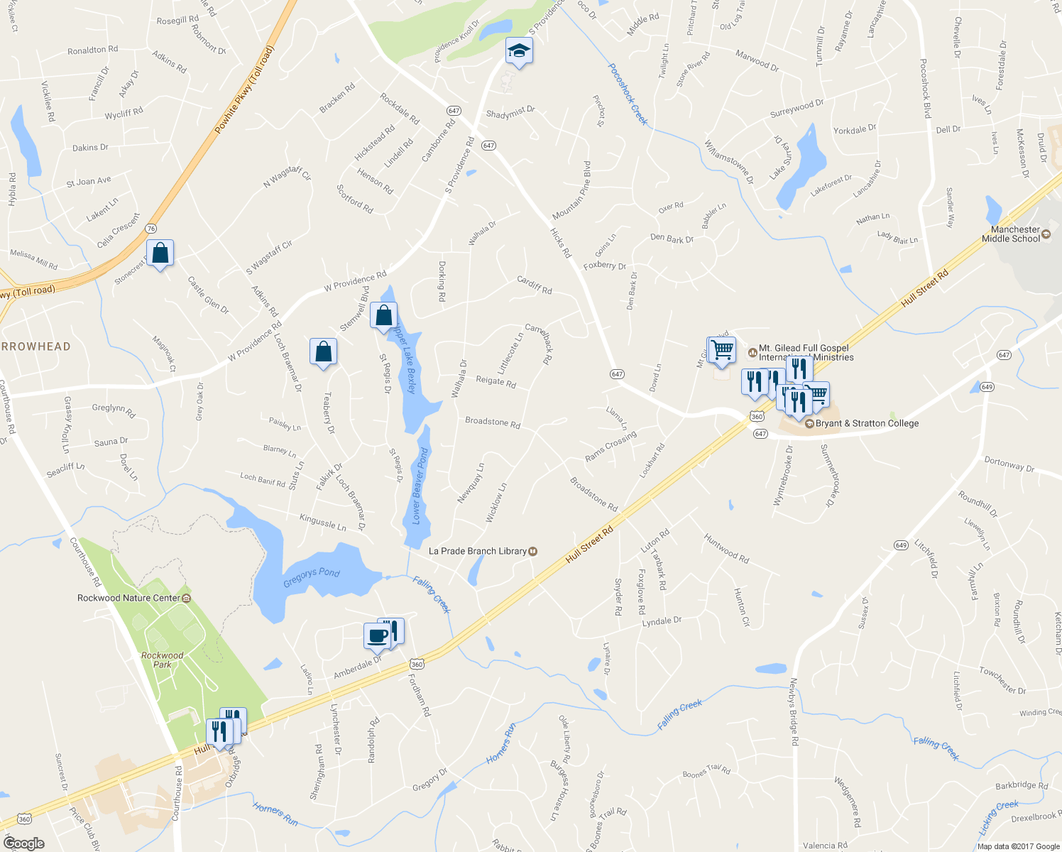 map of restaurants, bars, coffee shops, grocery stores, and more near 9000 Broadstone Road in Richmond