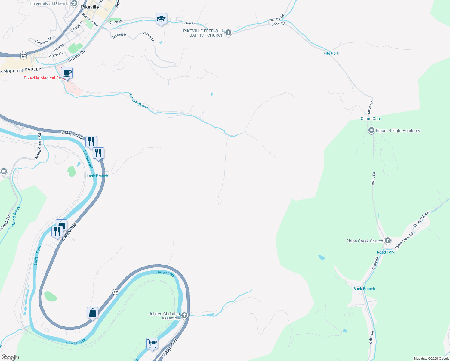 map of restaurants, bars, coffee shops, grocery stores, and more near 226 North Johnson Bottom in Pikeville