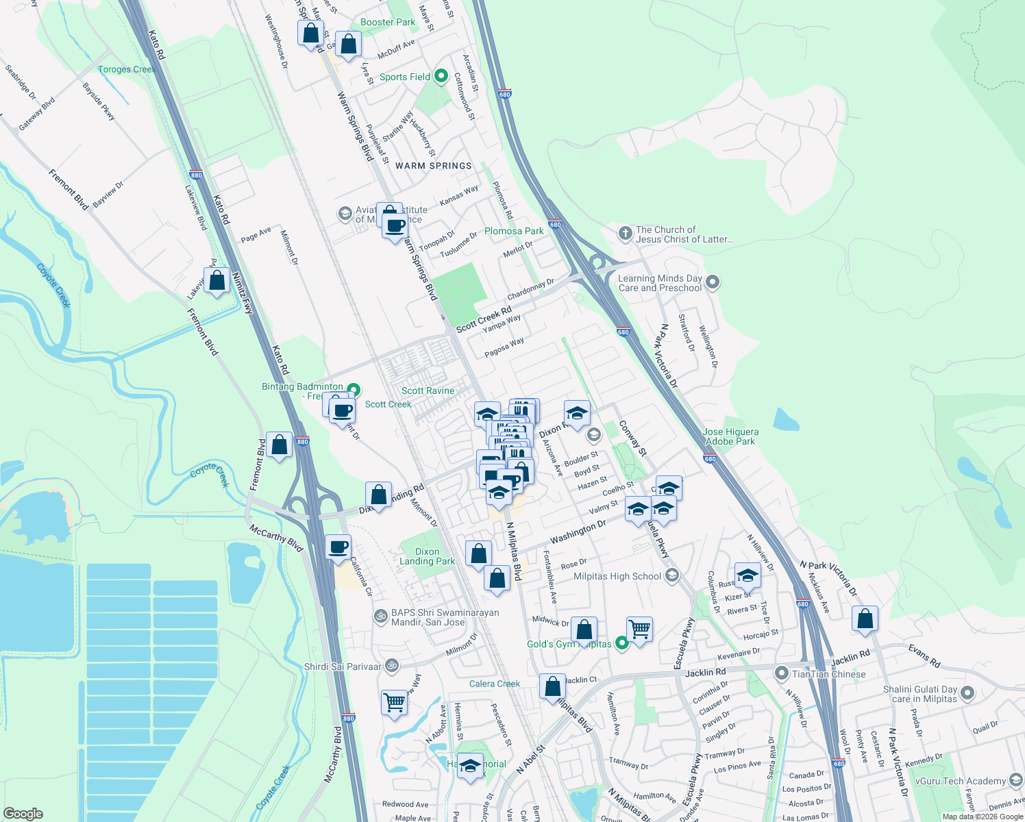 map of restaurants, bars, coffee shops, grocery stores, and more near 1979 Linden Lane in Milpitas