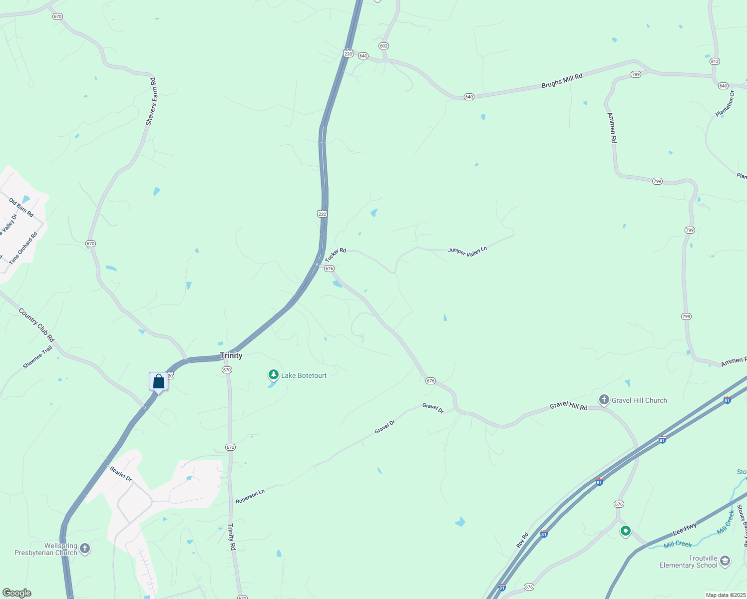 map of restaurants, bars, coffee shops, grocery stores, and more near 2166 Gravel Hill Road in Troutville
