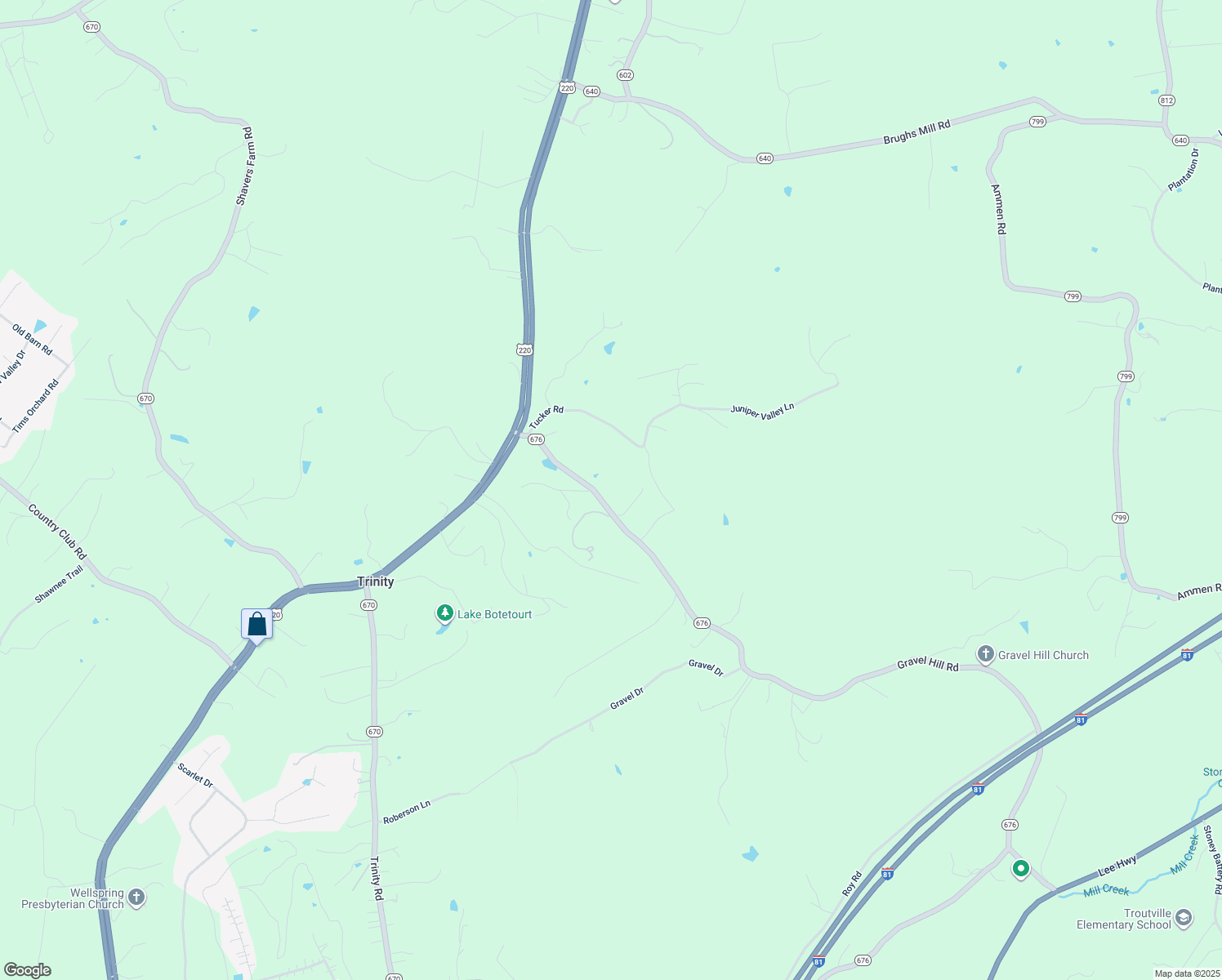 map of restaurants, bars, coffee shops, grocery stores, and more near 2166 Gravel Hill Road in Troutville