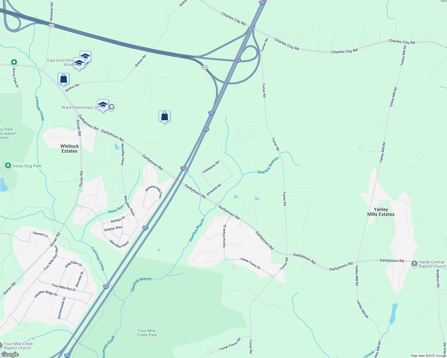 map of restaurants, bars, coffee shops, grocery stores, and more near 3830 Strawhill Road in Henrico