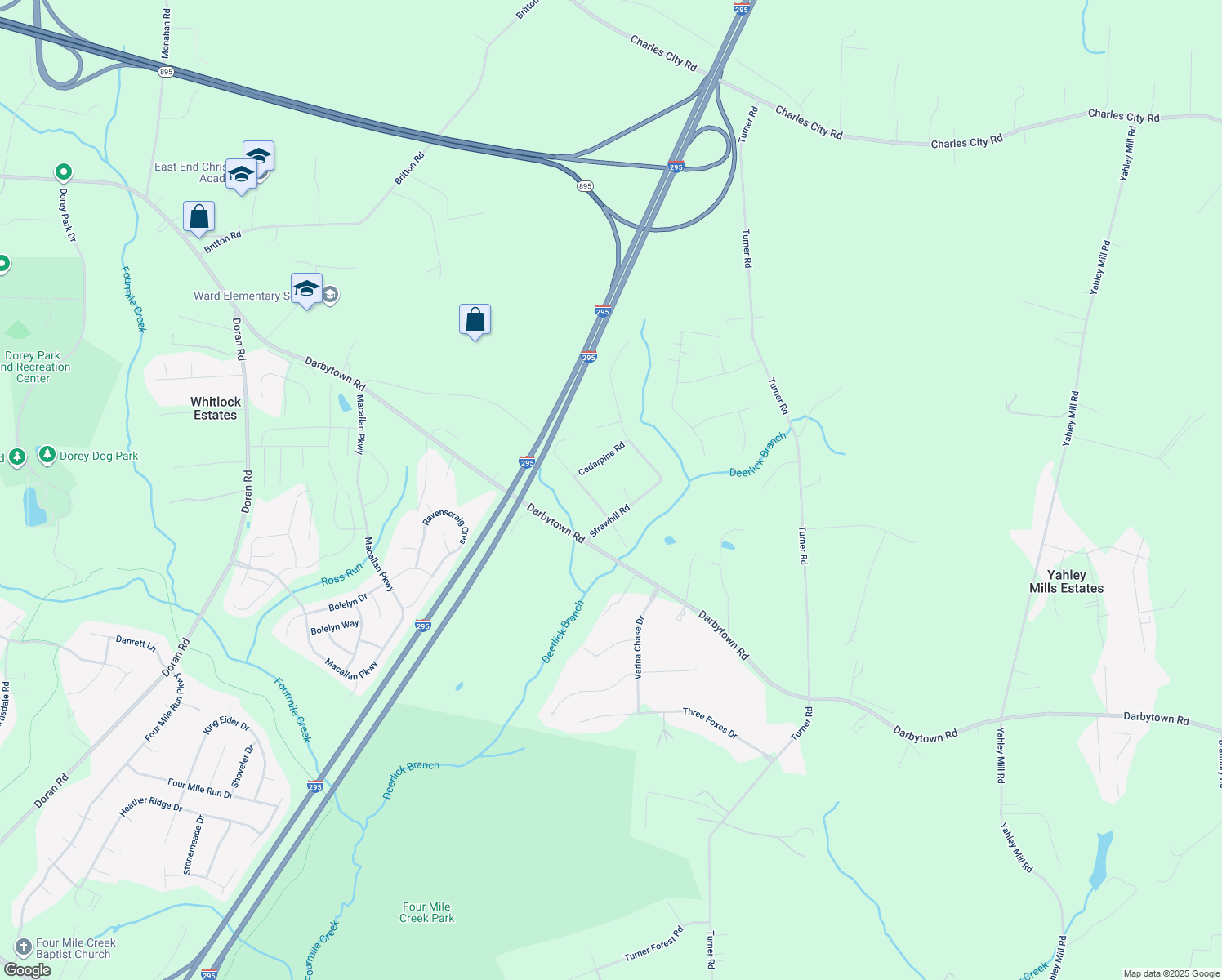 map of restaurants, bars, coffee shops, grocery stores, and more near 7410 Strawhill Court in Richmond