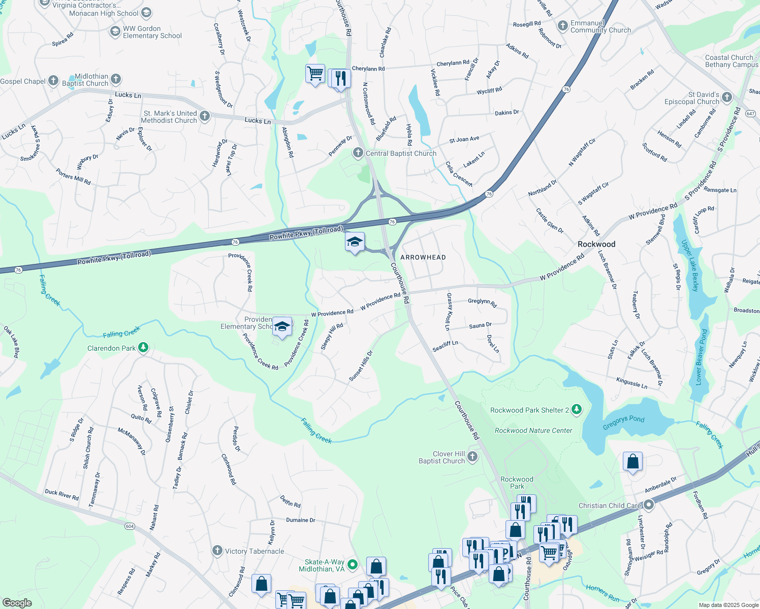 map of restaurants, bars, coffee shops, grocery stores, and more near 10649 West Providence Road in Richmond