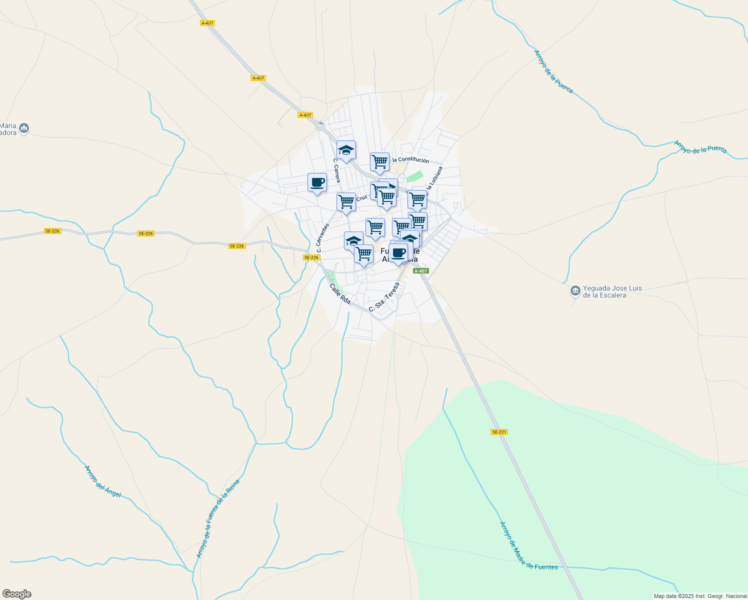map of restaurants, bars, coffee shops, grocery stores, and more near 27 Calle Comandante Baeza in Fuentes de Andalucía