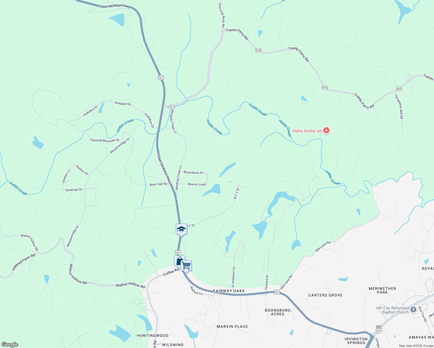 map of restaurants, bars, coffee shops, grocery stores, and more near 1341 Boonsboro Place in Lynchburg